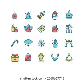 Christmas Sign Color Thin Line Icon Set Include of Snowman, Deer and Present. Vector illustration of Icons