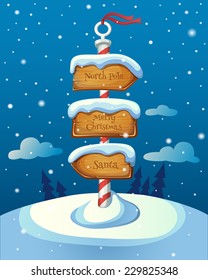 Christmas sign post with three direction boards on winter background. EPS 10. Transparency. Gradients.