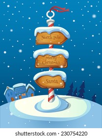 Christmas sign post with three direction boards on winter background. EPS 10. Transparency. Gradients.