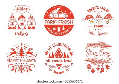 Christmas sign with quotes. Set of winter holiday symbols with saying. Christmas emblem designs. Festive design for badges and cards.