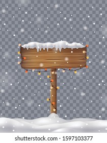 Christmas sign with snow caps and snowdrifts realistic concept on transparent background vector illustration