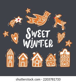 Christmas sign - Sweet winter with cute gingerbreads. Vector Winter quote on dark background. 