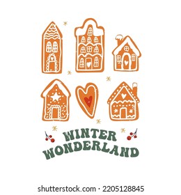 Christmas sign - Winter Wonderland with cute houses gingerbread. Vector Winter quote in retro groovy style.