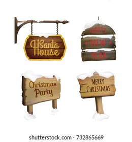 Christmas signboards set with metal elements calligraphic letterings and snow on wooden panels isolated vector illustration