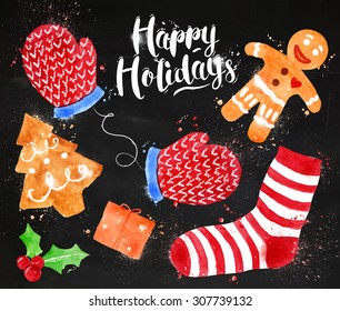 Christmas signs lettering Happy Holidays with cookie, gift, mittens, socks, gingerbread man drawing in vintage style on blackboard