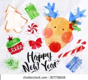 Christmas signs lettering Happy New Year with deer, cookie, cake, gift, sweets, candy, ribbon, fir branch drawing in vintage style on crumpled paper