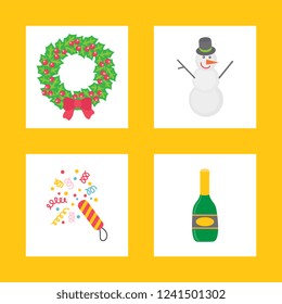 Christmas signs for party in flat style on yellow. Wreath with snowman and colorful confetti with bottle of champagne, vector cartoon illustrations