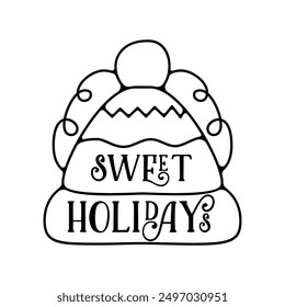 Christmas silhouette badge element. Winter line art label design. Christmas sweet holidays linear print for t-shirt, cards, stickers. Stock vector Christmas silhouette artwork.