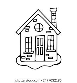 Christmas silhouette badge element. Winter line art label design. Christmas cute house linear print for t-shirt, cards, stickers. Stock vector Christmas silhouette artwork.