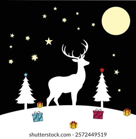 Christmas Silhouette card deer and gift under Christmas tree, deer silhouette - Christmas Scene Silhouette, Handdrawn christmas illustration with Reindeer and Forest Scene	
