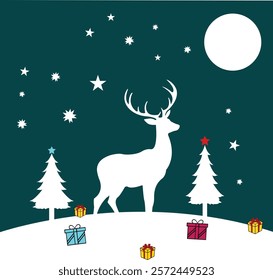 Christmas Silhouette card deer and gift under Christmas tree, deer silhouette - Christmas Scene Silhouette, Handdrawn christmas illustration with Reindeer and Forest Scene	
