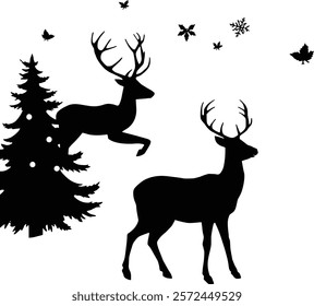 Christmas Silhouette card deer and gift under Christmas tree, deer silhouette - Christmas Scene Silhouette, Handdrawn christmas illustration with Reindeer and Forest Scene	
