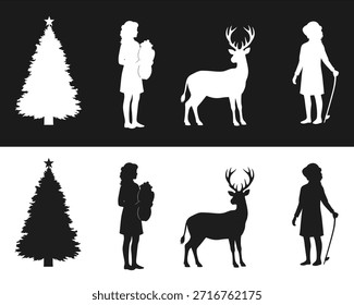 Christmas silhouette collection featuring a pine tree, reindeer, and a female figure in winter clothing, holiday decoration vector set.