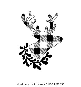 Christmas silhouette of deer buffalo plaid with floral wreath isolated on white background. New Year elegant winter reindeer decoration Vector flat illustration. Design for banner, greeting card