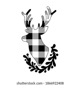 Christmas silhouette of deer buffalo plaid with floral wreath isolated on white background. New Year elegant winter reindeer decoration Vector flat illustration. Design for banner, greeting card