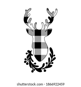 Christmas silhouette of deer buffalo plaid with floral wreath isolated on white background. New Year elegant winter reindeer decoration Vector flat illustration. Design for banner, greeting card