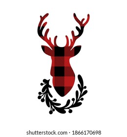 Christmas silhouette of deer red buffalo plaid with floral wreath isolated on white background. New Year elegant winter reindeer decoration Vector flat illustration. Design for banner, greeting card