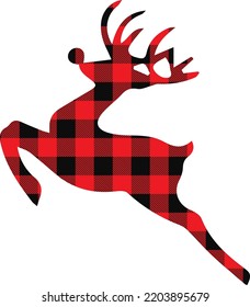 Christmas silhouette of deer red buffalo plaid, gingham with floral wreath isolated. New Year elegant winter reindeer decoration Vector flat illustration. Design for banner, greeting card