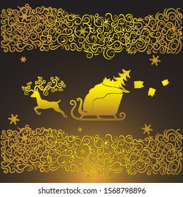 Christmas silhouette deer sleigh bag with gifts ornament pattern Golden on dark isolated background. Vector image eps 10