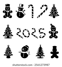 Christmas Silhouette Elements Collection. Happy new year 2025 Christmas tree silhouette vector, Festive Christmas Tree Set.