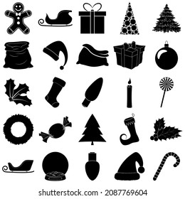 Christmas silhouette icon set. Collection of black december holiday symbol. Black and white illustration isolated on white background.