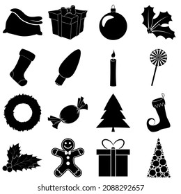 Christmas silhouette icon set. Collection of black december holiday symbol. Black and white illustration isolated on white background.