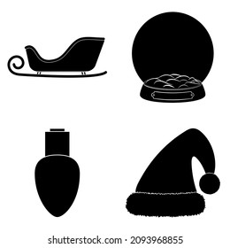 Christmas silhouette icon set. Collection of black december holiday symbol. Black and white illustration isolated on white background.