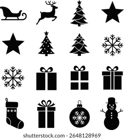 Christmas Silhouette Icons Set – Sleigh, Reindeer, Stars, Christmas Trees, Snowflakes, Gifts, Stocking, Ornament, Snowman