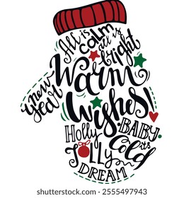 Christmas silhouette of a mitten with greeting lettering. A holly jolly celebration, Christmas and New Year symbol.