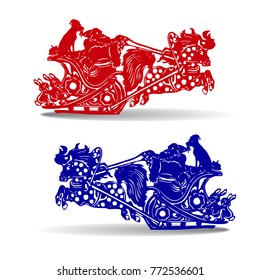 Christmas Silhouette, (red and blue) Santa Claus in sleigh and dog, rides fast on horseback, cartoon on white background, vector