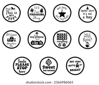 Christmas Silhouette round sings set. t-shirt print Designs with quotes . Merry Christmas badge isolated on white. Happy holidays stock vector design.