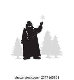 christmas silhouette santa claus, snowflake and christmas tree