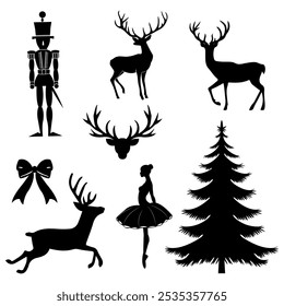 Christmas silhouette set in black nutcracker and ballerina. Silhouettes of Christmas Reindeer in different poses and a Christmas tree.