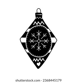 Christmas silhouette tree toy ball. Happy new year decoration in silhouette style with snowflake and decor. Christmas sticker - holiday symbol icon. Vector illustration