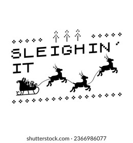 Christmas Silhouette t-shirt print Design with sleighin it. Merry Christmas badge isolated on white. Happy holidays stock vector design.