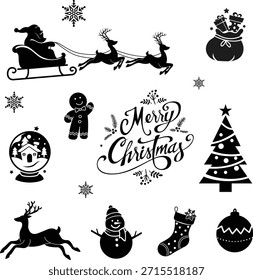 Conjunto de iconos de Vector de silueta de Navidades con Santa Sleigh, reno, muñeco de nieve y símbolos festivos de Festiva sobre fondo blanco