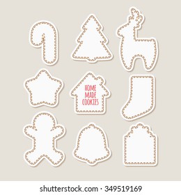 Christmas silhouettes of gingerbread cookies. May be used for homemade package label or craft paper bags. Hand stickers. Vector illustration