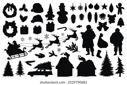 Christmas silhouettes monochrome set stickers with outlines New Year elements for gift design for yule and winter holidays vector illustration