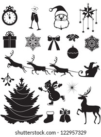 Christmas silhouettes with Santa, reindeer, fir, snowman, holly, and other