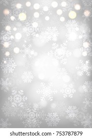 Christmas silver background with glowing snowflakes and bokeh
