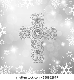 Christmas silver background with gray floral Christianity cross and snow flakes.