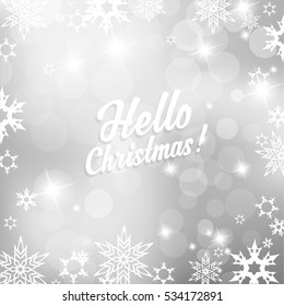Christmas silver background with snowflakes and Hello Christmas text - square version