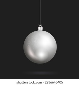 Christmas silver ball handing on string. Xmas vector bauble isolated on transparent background. New Year ball, realistic bright decoration element. Vector illustration.