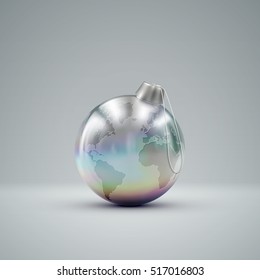 Christmas silver ball. Holiday vector illustration of traditional festive Xmas bauble with global map. Merry Christmas and Happy New Year greeting card design element.
