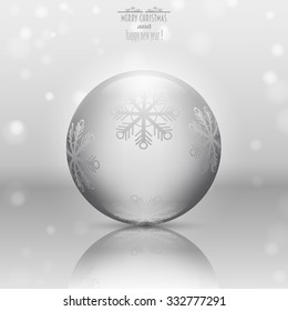 Christmas silver ball with snowflakes, reflection, vector