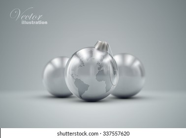 Christmas silver balls. Holiday vector illustration of traditional festive Xmas bauble with global map. Merry Christmas and Happy New Year greeting card design element. 