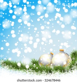 Christmas silver balls on a branch on a background of winter, snow and lights. Illustration vector EPS10.