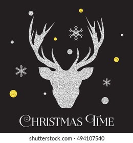 Christmas silver deer decoration element over winter background vector illustration.