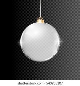 Christmas silver glass ball decoration. Vector transparent circle object decor. Celebration festive background. Greeting illustration.