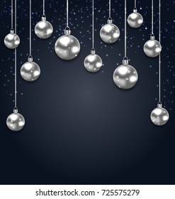 Christmas Silver Glassy Balls on Magic Dark Background - Illustration Vector